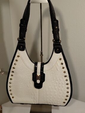 Croc-Embossed Studded Shoulder Bag